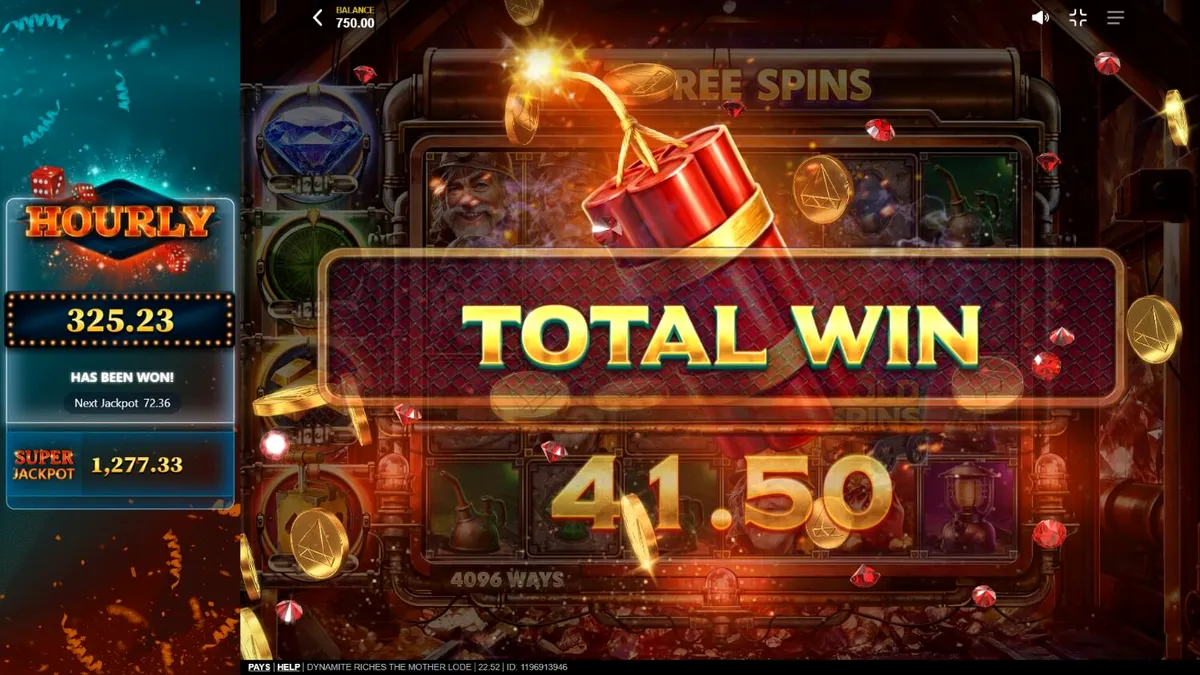 Dynamite Riches The Mother Lode slot game interface na may mga gintong simbolo