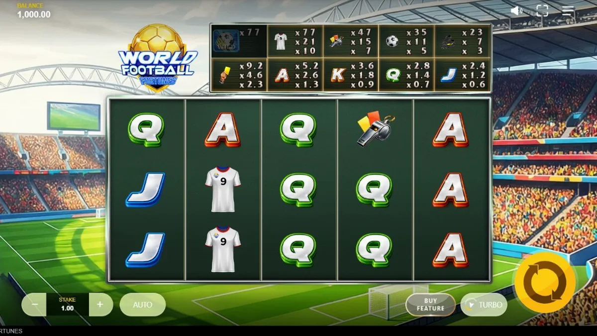 World Football Fortunes slot game interface na may stadium background