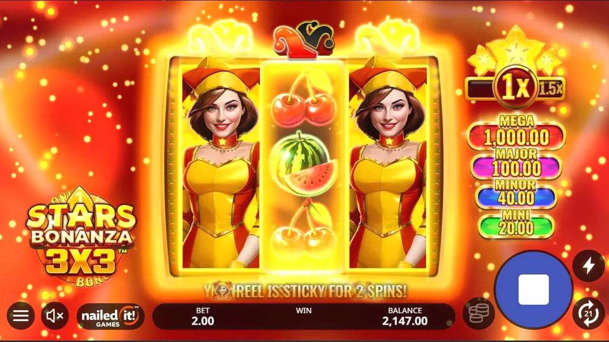 Stars Bonanza 3x3 slot machine interface na may mga prutas at jester theme